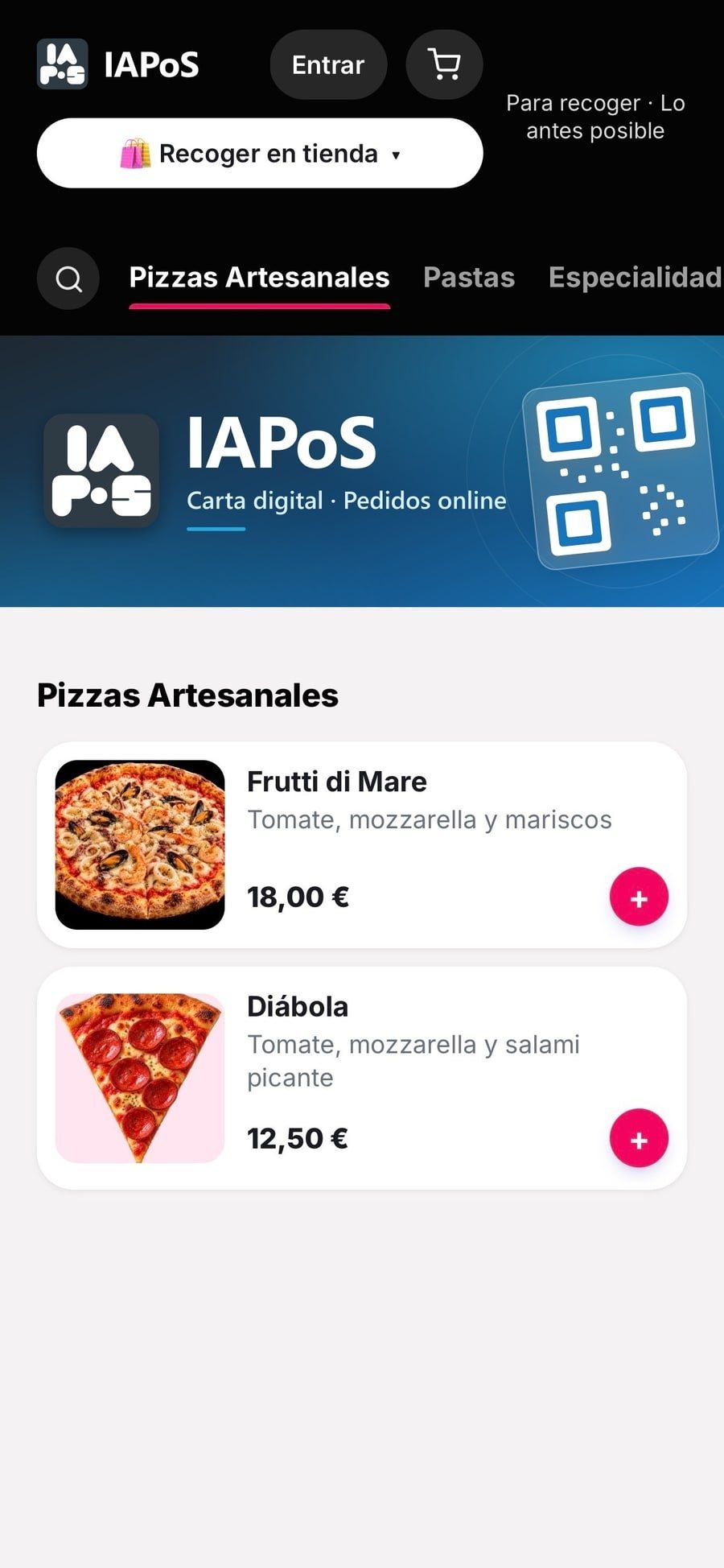 Carta online en el móvil con pizzas artesanales con foto, ingredientes, precio y botón para añadir