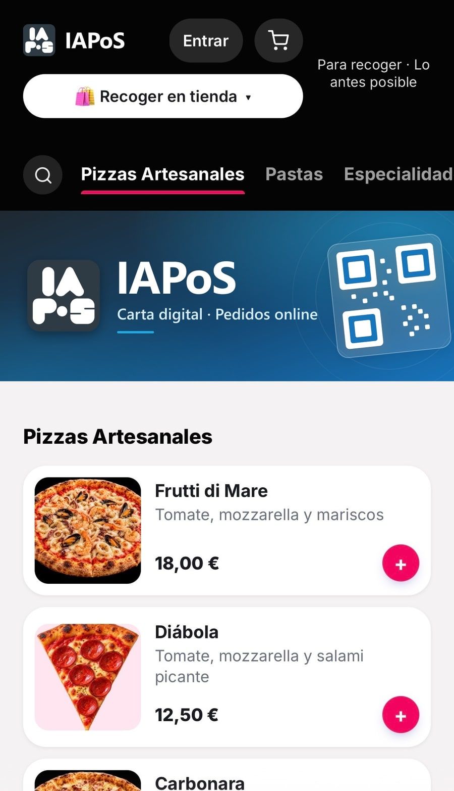 Carta online de IAPoS en el móvil del cliente, con pizzas, fotos y precios