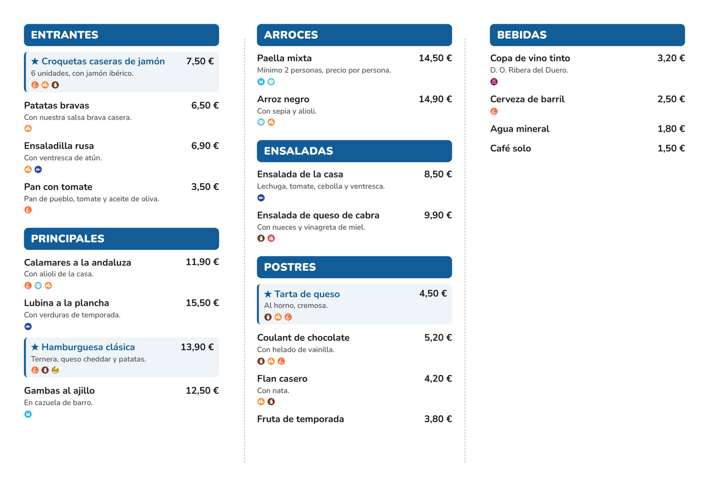 Interior del tríptico: entrantes, principales, arroces, ensaladas, postres y bebidas con precios, descripciones y alérgenos
