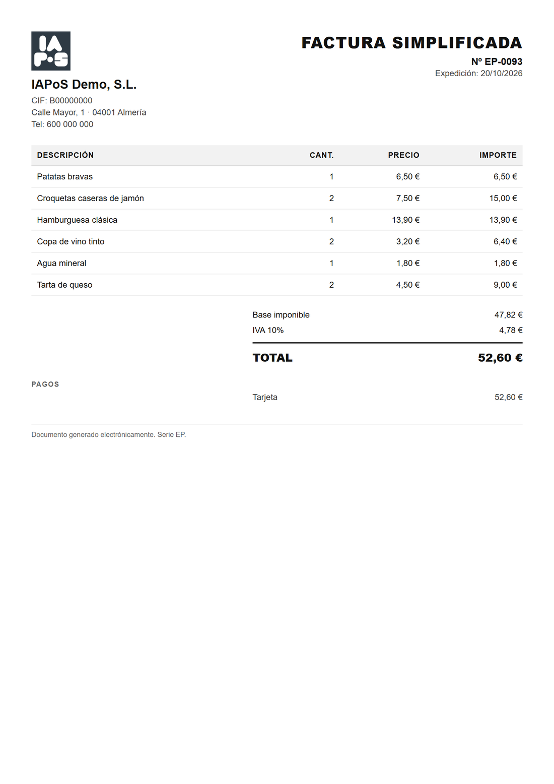 Factura simplificada en A4 con los productos de una mesa, IVA y total