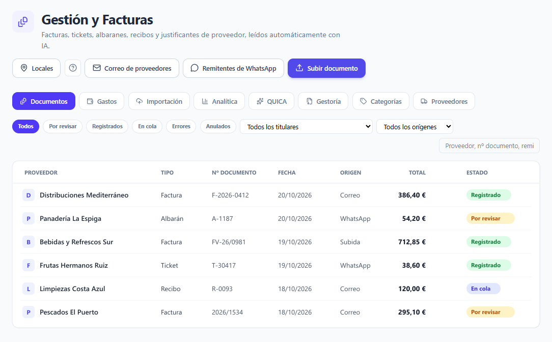 Gestión y Facturas de IAPoS: listado de documentos de proveedor con tipo, número, fecha, origen, total y estado