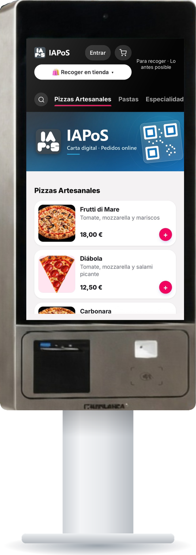 Carta en el kiosco con pizzas artesanales, fotos, ingredientes y precios