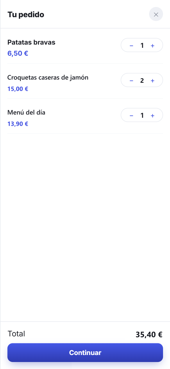 Pedido en el móvil con patatas bravas, dos raciones de croquetas y un menú del día: total 35,40 €