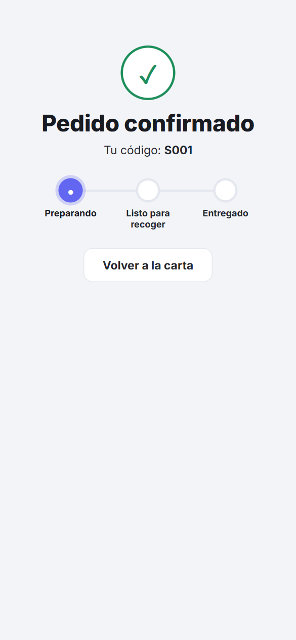 Pedido confirmado con su código y el estado: preparando, listo para recoger y entregado