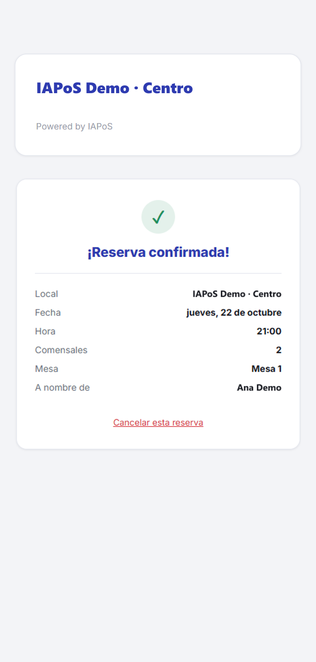 Reserva confirmada con el local, la fecha, la hora, los comensales, la mesa y el nombre