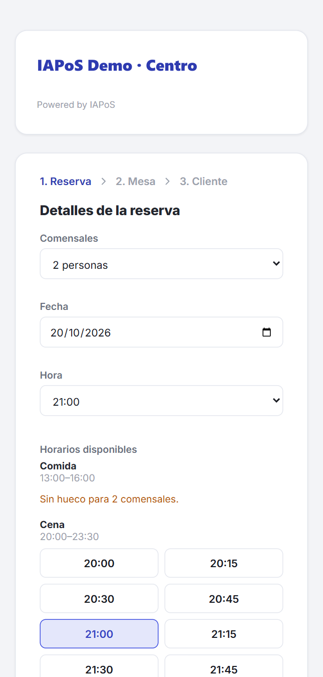 Reserva online en el móvil: comensales, fecha, hora y horarios disponibles de comida y cena