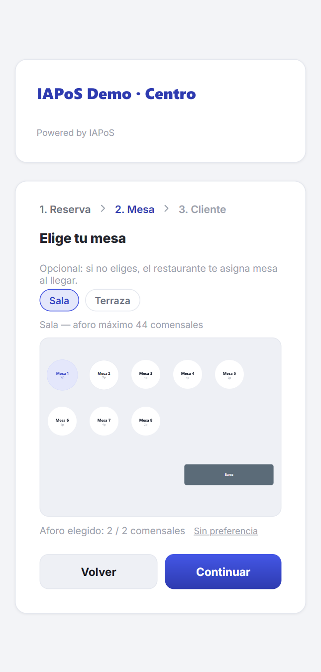 Reserva online en el móvil: elegir mesa en el plano