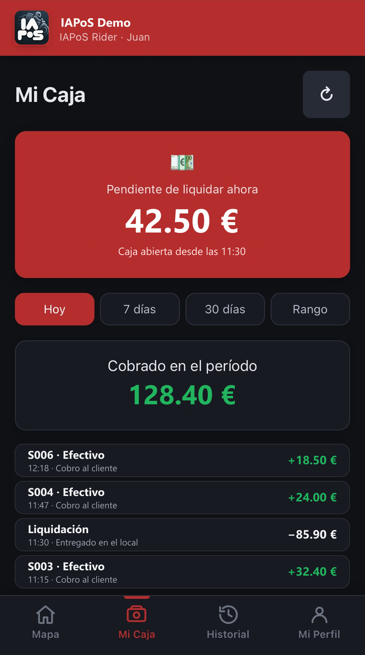 IAPoS Rider, Mi Caja: efectivo pendiente de liquidar, cobrado en el período y movimientos