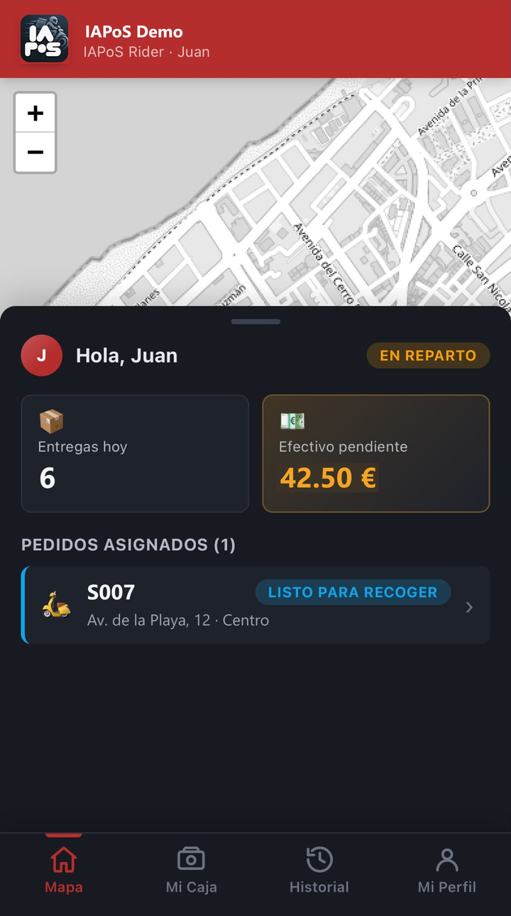 IAPoS Rider: mapa, entregas del día, efectivo pendiente y un pedido listo para recoger